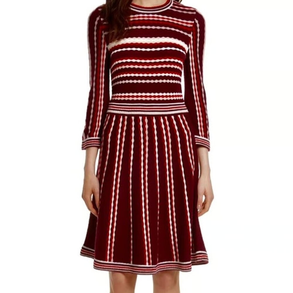 Kate Spade | Scallop Knit Cashmere Blend Sweater Dress  | Burgundy Stripe